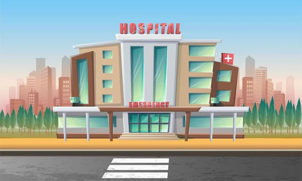 Illustration de style dessin animé du bâtiment d'urgence de l'hôpital avec des paysages de la ville derrière et la route devant. — Image vectorielle