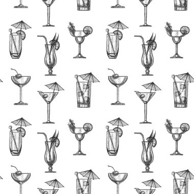 Beyaz arka planda izole edilmiş, kusursuz tropik kokteyller çizilmiş.