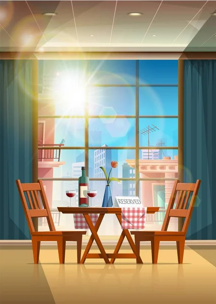 Restaurant Vector Cartoon Stil Mit Romantischem Tisch Mit Rotweinflasche Und — Stockvektor