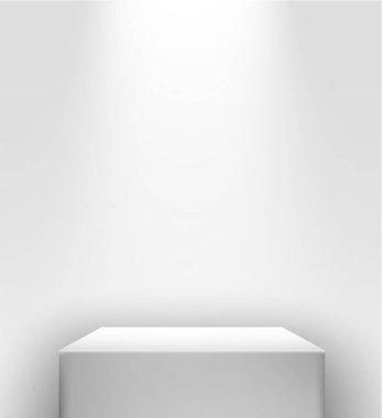 Vektör 3d gerçekçi beyaz sunum beyaz bir duvarın önünde spot ışıkla dur.