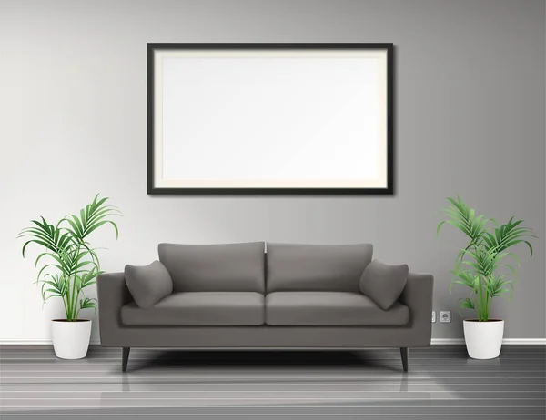 Realistischer Vektor Wohnzimmereinrichtung Mit Bilderrahmen Sofaboden Töpfe — Stockvektor