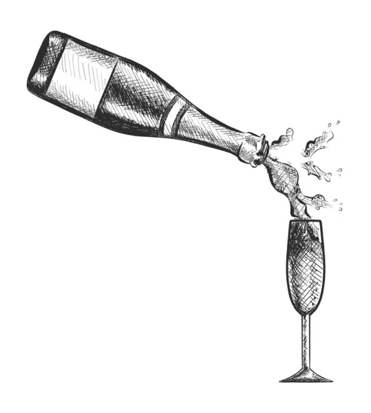 Vecteur Dessiné Main Bouteille Champagne Poring Dans Verre — Image vectorielle