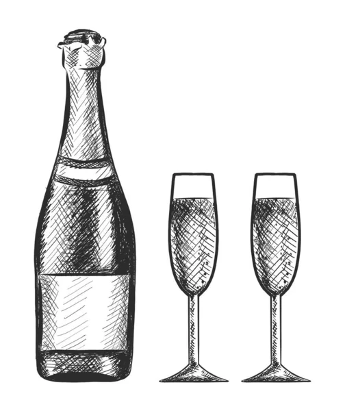Векторна Рука Намальована Набір Пляшок Шампанського Двома Келихами Ізольовані Білому — стоковий вектор