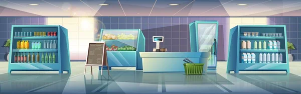 Векторна Мультиплікаційна Ілюстрація Внутрішнього Супермаркету Вітринами Продовольства Продовольства Касиром Підставкою — стоковий вектор