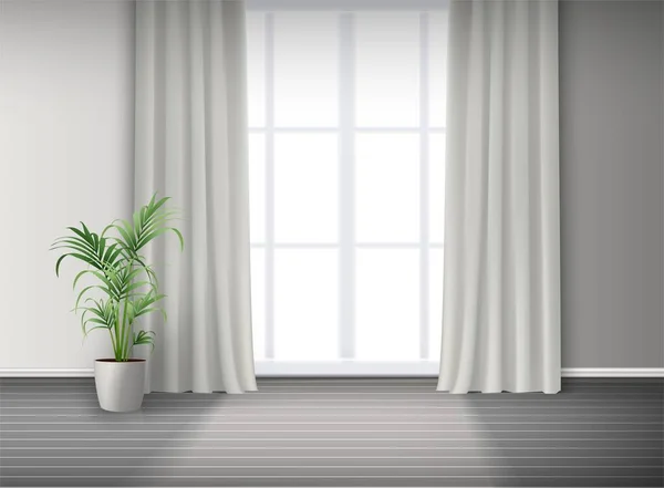 Intérieur Réaliste Pièce Vectorielle Avec Grande Fenêtre Avec Lumière Rideaux — Image vectorielle