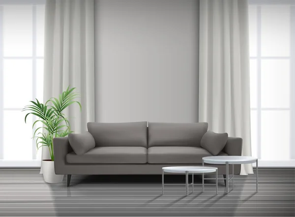 Realistic Vector Living Room Interior Windows Curtains Sofa Coffee Tables — Stock Vector