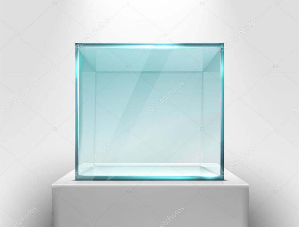 3d realistic vector glass square showcase on a white stand for presentation.