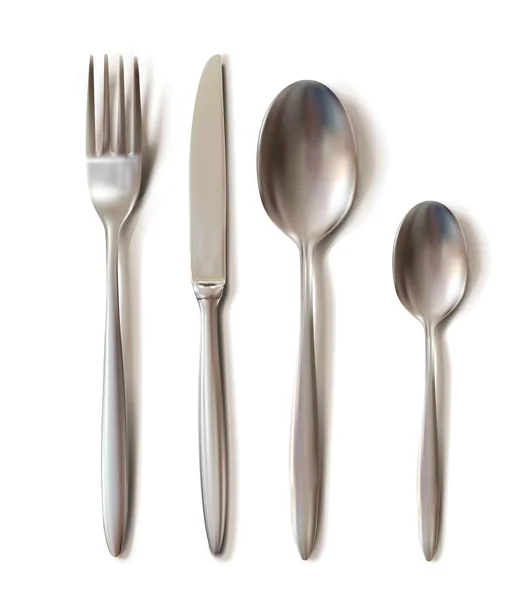 Realistik Cutlery Set Shadows Table Knife Spoon Fork Tea Spoon - Stok Vektor