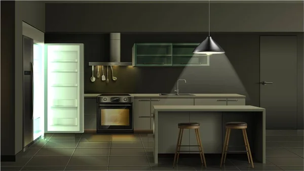 Vector Moderno Interior Cocina Realista Por Noche Con Nevera Abierta — Vector de stock