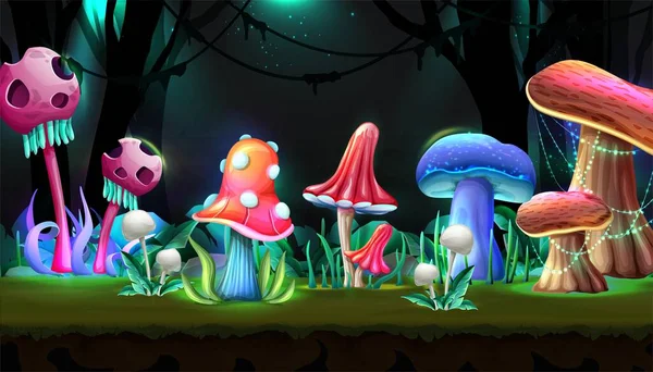 Волшебный лес в стиле мультфильма с грибами в сиянии ночи. — стоковый вектор