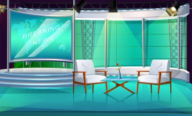 cartoon style TV show studio with two chairs and table, interior stage, with two chair and news screen. clipart
