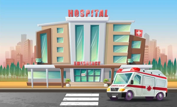 Illustration vectorielle de style dessin animé du bâtiment de l'hôpital avec voiture d'ambulance en face avec vue sur la ville derrière. — Image vectorielle