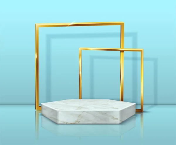 Cavalletto esagonale in marmo vettoriale realistico e cornici dorate di sfondo blu. — Vettoriale Stock