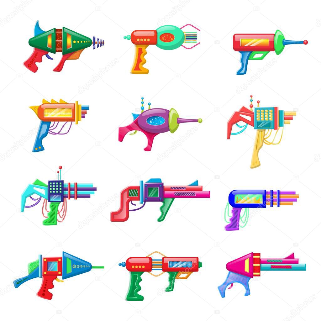 Collection of vector cartoon style flat illustration of futuristic colorful blasters isolated on white background.