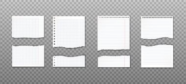 Farklı kesiklerle yırtılmış kağıt koleksiyonu. Bilgi anımsatıcı, vektör illüstrasyonu.