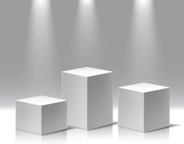 Farklı yüksek müze sergilerinin koleksiyonu, boş ürün stantları. Spot ışığı ve şeffaf arkaplanı olan 3d gerçekçi vektör kare podyumları.