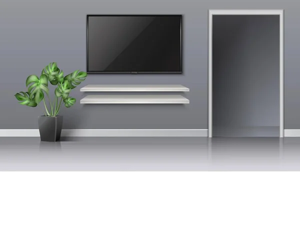 Realistischer Vektor Wohnraum Mit Offener Tür Und Schwarzem Bildschirm Der — Stockvektor