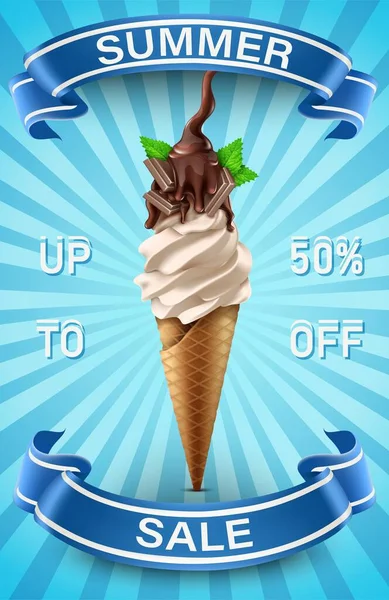 Summer sale banner template. Blue background with ice cream and blue ribbons. — Stok Vektör