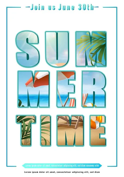 Summer sale banner template with big letters and beach background on them. — Stock Vector