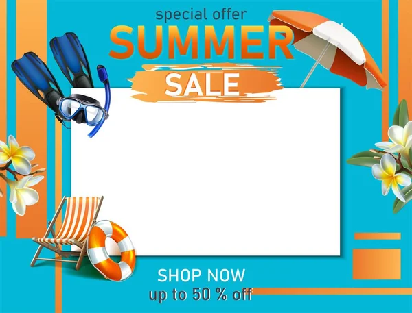 Summer sale banner template with summer elements and copy space on blue background. — Stok Vektör