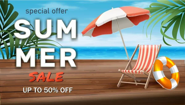 Vector Summer Sale Background Sun Bed Umbrella Seaside Beach Background — Stok Vektör