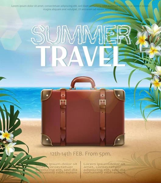 Summer Travel Background Beach Luggage Sand — Vetor de Stock