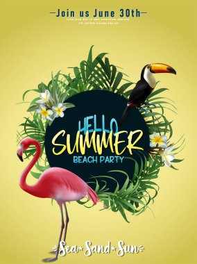 Vector summer sale banner template with tropical leaves and tukan and flamingo bird.