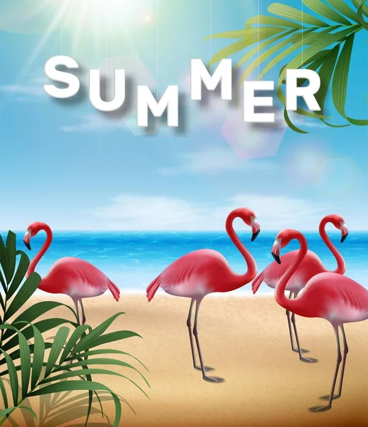 Vector Summer Sale Banner Template Tropical Leaves Flamingo Bird — Stock Vector