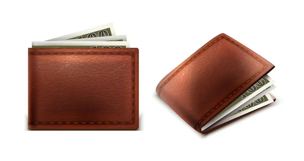 Realistic Vector Leather Wallet Cash Money Side Front View — Archivo Imágenes Vectoriales