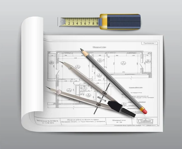Realistisches Vektor Design Icon Mit Papierrolle Messwerkzeug Bleistift Und Lineal — Stockvektor