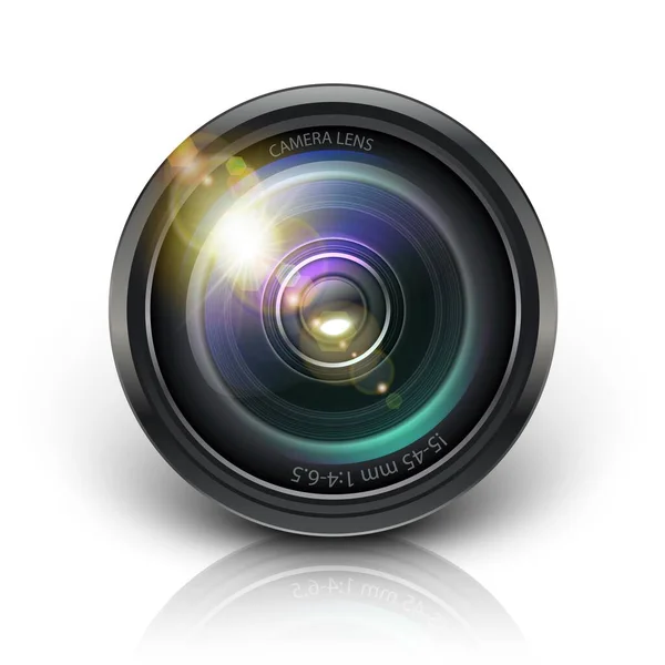 Icona Dell Obiettivo Della Fotocamera Vettoriale Realistica Isolato Sfondo Bianco — Vettoriale Stock