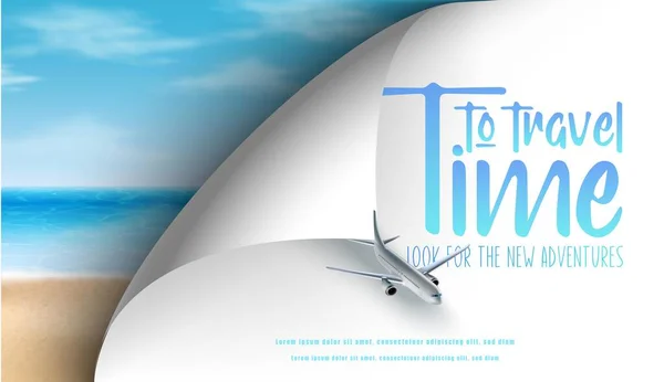 Tempo Viaggiare Banner Con Aereo Nel Cielo Spiaggia Realistica Con — Vettoriale Stock