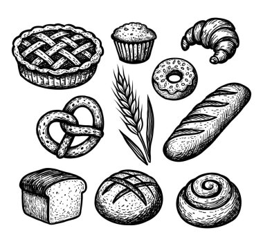 illustration. Set of hand-drawn bakery food and patisserie shop bread elements. line art of bread, cake, croissant, cinnamon roll, doughnut, cupcake. Isolated on white background.