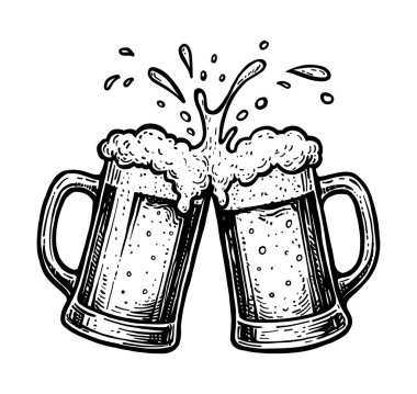 Simge çizimi. Köpüklü bira bardakları. Beyaz arkaplanda izole.