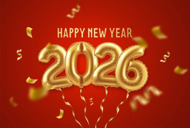 gerçekçi vektör çizimi. Kırmızı zemin üzerinde altın 2026 numara ve altın konfeti bulunan Noel afişi.