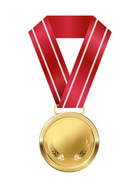 Gerçekçi vektör ikonu illüstrasyonu. Kırmızı kurdeleli altın madalya. Beyaz arkaplanda izole.