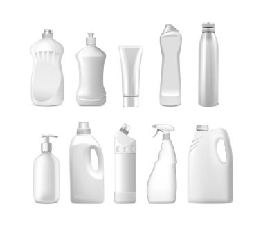 Gerçekçi vektör ikonu illüstrasyonu. Beyaz plastik şişe ambalajı. Evdeki kimyasalların modelleri. Deterjan, sıvı sabun, sprey ve krem tüp. Beyaz arkaplanda izole.
