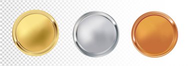 Gerçekçi vektör ikonu illüstrasyonu. Altın, gümüş ve bronzdan oluşan üç parlak madalya seti. Beyaz arkaplanda izole.