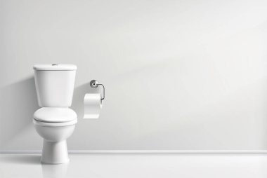 gerçekçi vektör yatay illüstrasyon. Tuvalet odası içi kapalı klozet ve kağıt rulo ile dolu..