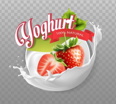 Gerçekçi vektör ikonu illüstrasyonu. Kremalı yoğurt ya da çilekli süt. Böğürtlen sütü..