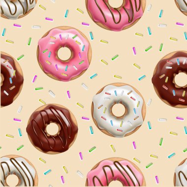 gerçekçi vektör çizimi. Çikolata kaplı renkli çörekler serpiştirilmiş..