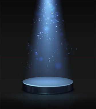 Soyut çizim. Yukarıdan ışık ve ışıltı ve sihirli ışık ve siyah arka planda karanlık podyum.