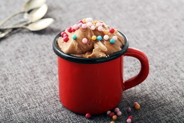 Icecream in red metal cup — Stock Photo, Image