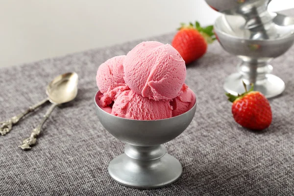 Pink icecream in metal cup — Stock Photo, Image
