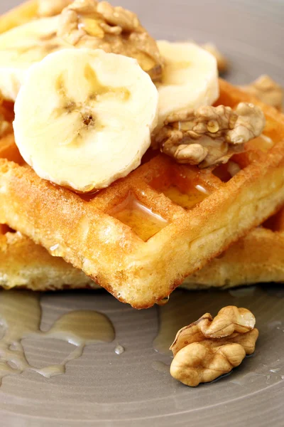 Waffles with banana honey and nuts — Stock Photo, Image