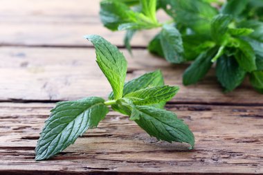 Rustik masanın üstüne nane yaprakları
