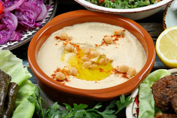 Mesa Cena Hummus Oriente Medio Árabe Mediterráneo —  Fotos de Stock