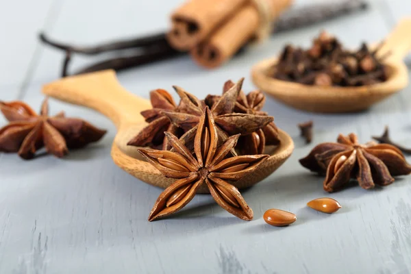 Star anise on wooden spoon — Stock Photo, Image