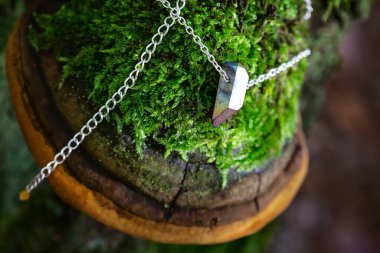 Gümüş zincire elektroşok verilmiş kristal kuvars yosunlu poliporaya yerleştirilmiş.