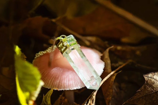 Crystal Quartz Pendant Necklace Autumn Forest Mushroom — Stock Photo, Image